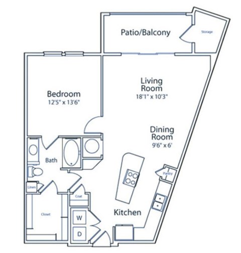 A floor plan of a small apartment with a bedroom, living room, dining room, kitchen, and bathroom.